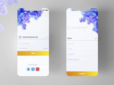 Login & register android app blue ink ios iphone x login mobile register social tint yellow