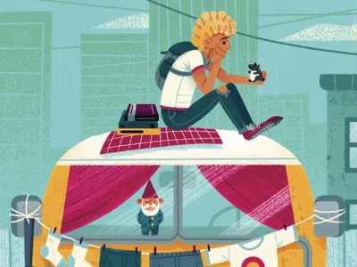 No Fixed Address book cover buildings character character design city digital painting illustration pet publishing texture van