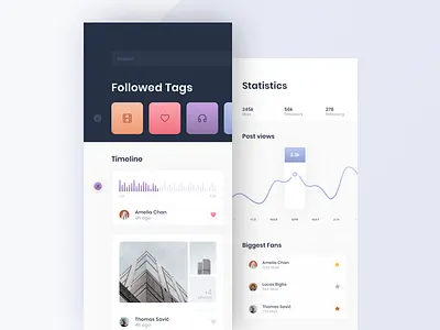 Mobile Social Application app chart clean dark gradients mobile music photos player timeline