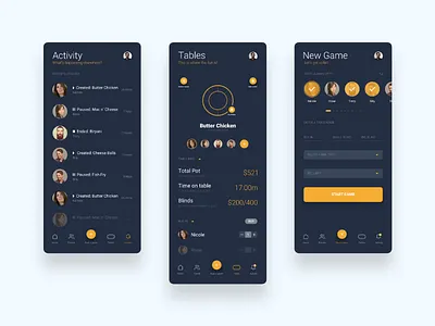 New game, Activity and Tables (Dark version) analytics android app blue clean dark finance ios minimalist parth taylor poker split
