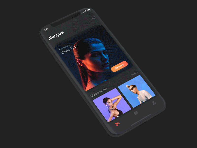 Reservation and haircut app_Dynamic effect animation app dark dynamic effect haircut reservation reserve ui