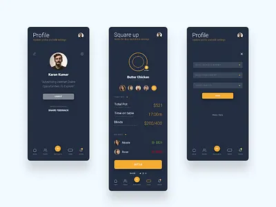 Profile and Settle Winnings screens (dark version) analytics android app blue clean dark finance ios minimalist parth taylor poker split