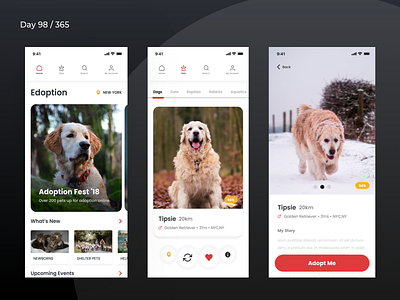 Edoption - Pet Adoption App Concept | Day 98/365 - Project365 adoption challenge daily ui design dog adoption dogs ios mobile app pet project365 rescue super sunday