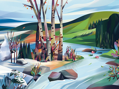 Seasons digital foliage geometric landscape nature season spring trees winter