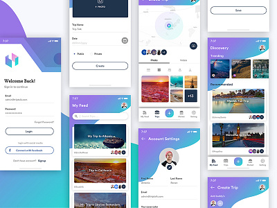 Trip App app blue gradient clean concept design gray calendar talktrip tourist travel trending trips upload post