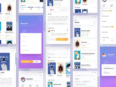 Book App UI all blue book clean design gather purple ui yellow