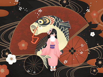 wind ball carp fan flag flower fox girl japan kimono mask red umbrella