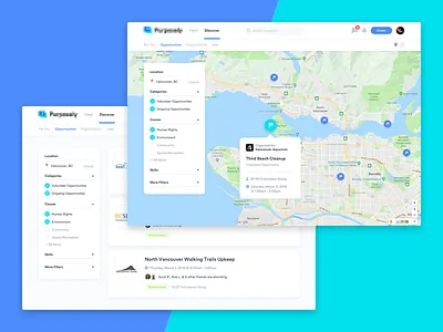 Volunteer Opportunities - Map & List View clean design filters hover map organization ui volunteer web app