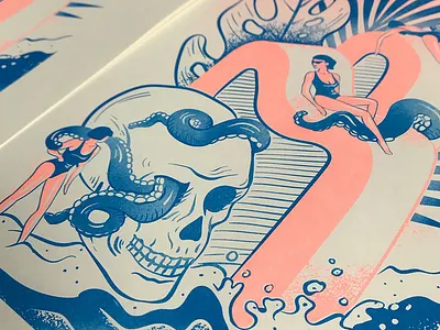 beach babez risograph bathing suit beach illustration octopus palm printmaking risograph skull summer surealism tropical woman