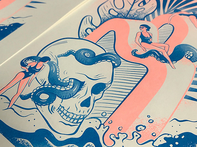 beach babez risograph bathing suit beach illustration octopus palm printmaking risograph skull summer surealism tropical woman