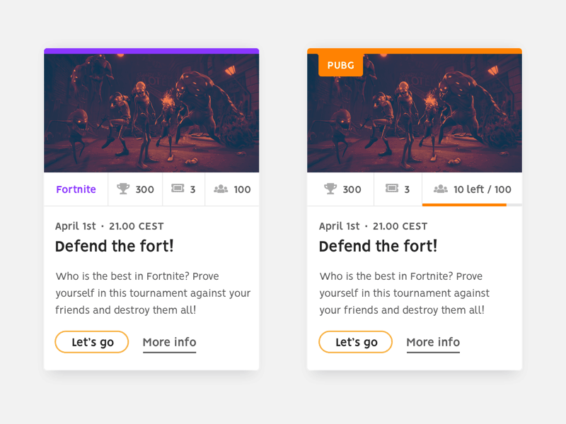 Tournament cards card clean fortnite gaming icons interface pubg tournament ui variations work in progress