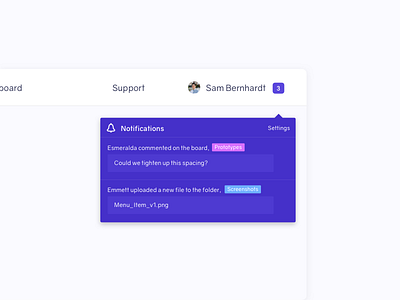DailyUI #49: Notifications clean daily ui dailyui desktop hover navigation notifications profile prototypes purple shadow web