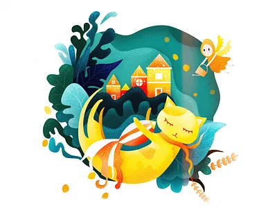 Dream A Kitten cat darren hiwow illustrations nature noise texture town tree ui design ux