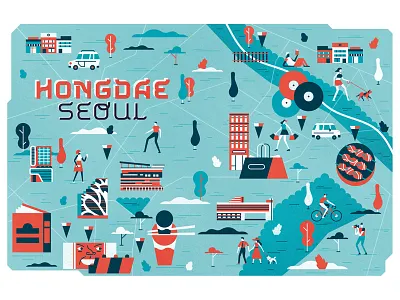 Lonely Planet building car character city graphic illustration map people scene seoul vector