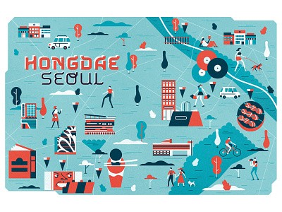 Lonely Planet building car character city graphic illustration map people scene seoul vector