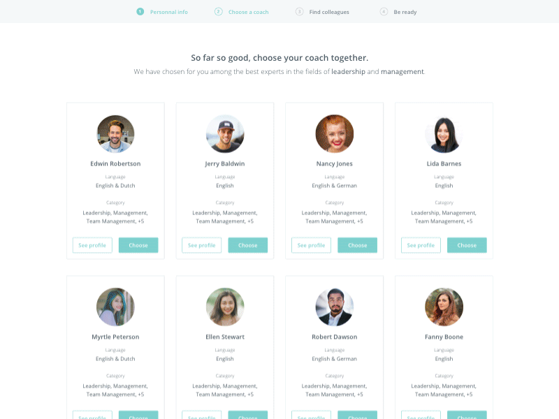 Cards to Slider - Choose a coach card clean flat green profile see show slider user
