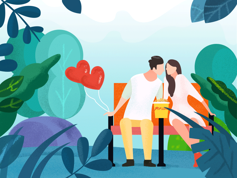 Love Overture - long conversation balloon blue green illustration kiss lady leave lover men park