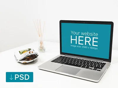 Macbook Mockup With Snacks On The Table apple free high resolution macbook mock up mockup photorealistic photoshop psd workspace