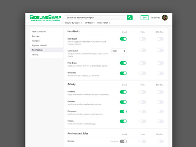Notifications Update desktop email notifications settings switch toggle ui ux web