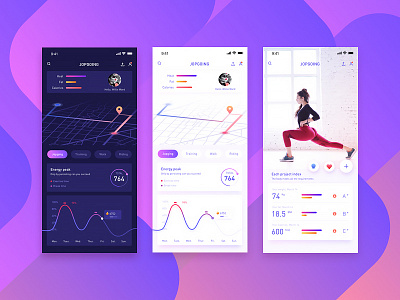 Fitness APP app data fitness illustration line mode night ui visualization women