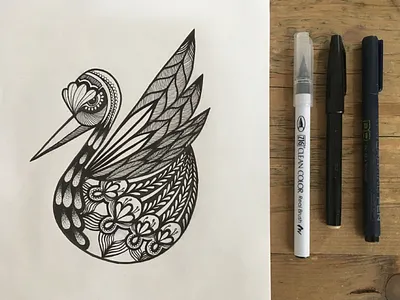 Birdie birds black and white fineliner illustration