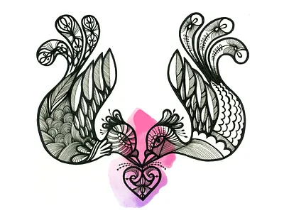 Lovebirds birds black and white fineliner illustration