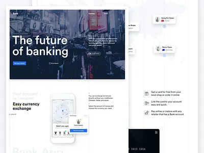 The future of banking! blue card circular clean desktop grid hero icons landing map ui white