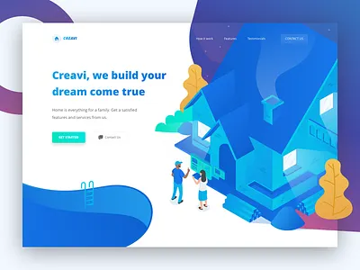 Creavi House Builder - Header Landing Page Concept blue build gradient header homepage house illustration isometric landing page ui website