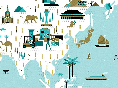 Forbes Japan animals boats buildings icons map ocean people ships trees world