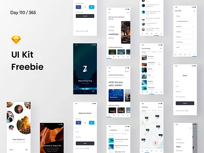 Zing - Mobile UI Kit Freebie | Day 110/365 - Project365 freebie freebie friday hashtag ios ui kit mobile app project365 sketch sketch freebie social network travel app ui kit