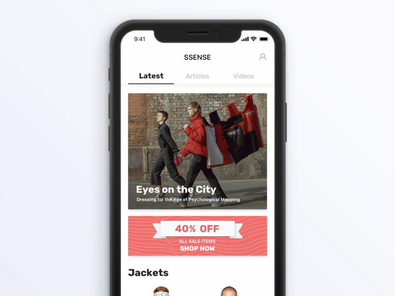 Homepage - Ssense iOS App activity stream animation article editorial fashion homepage horizontal tab