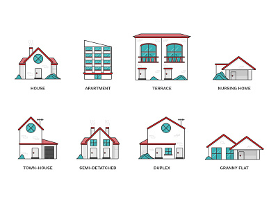 House icons apartment balcony duplex garage granny flat home house nursing plant terrace townhouse windows
