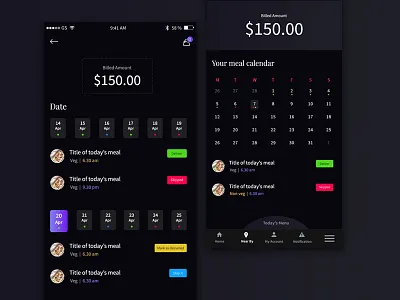 Meal calendar app black delivery eat food meal mobile restauran tiffin