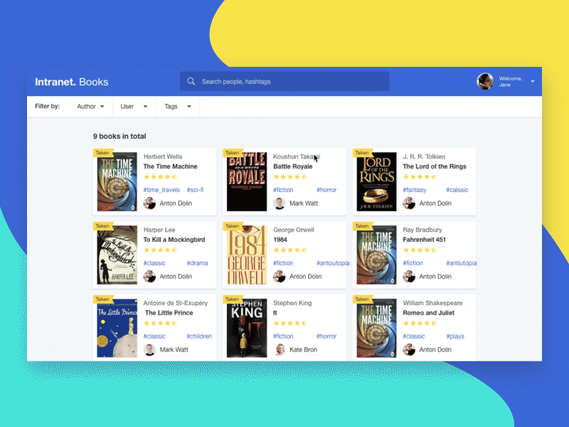 Intrabooks animation books dashboard filter principle search