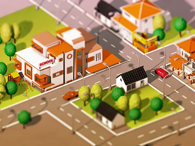 Peaceful town 3d c4d cartoon cinema4d city design grass illustration isometric landscape modeling town