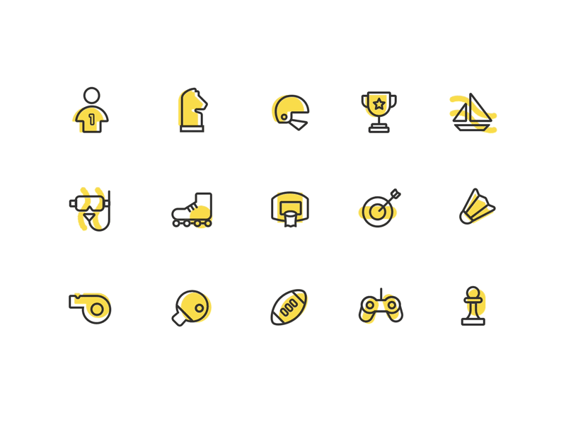 Sport icon gif design badminton basketball chess dive icon orange rugby shooting sport trophy whistle yellow