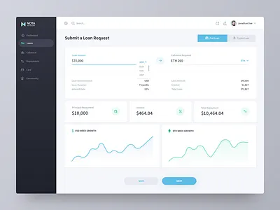 Nota Loan Request chart growth showcase clean minimal design cryptocurrency startup decentralized dashboard ethereum to dollars loan request exchange lending platform nota ico lending ui ux visual interface design