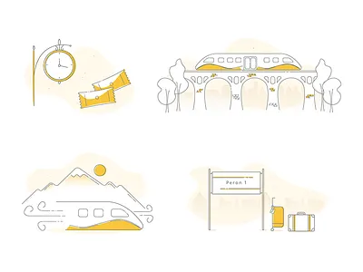 KD Illustration bridge clock illustration outline platform rail railway ticket yellow