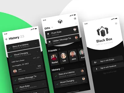 Gift giving application app box clean dark design gift ios mobile prototyping service ui ux