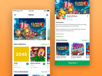 Casual game application home screen & game details view app application details game ios iphone list mobile platform ui ux