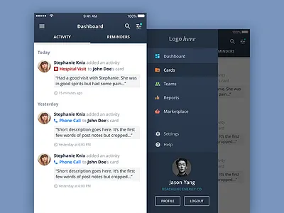 Activity Timeline & Hamburger Menu activity app application hamburger ios iphone log menu mobile