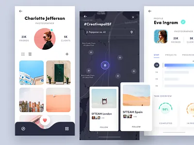 X - Visual Exploration - 3 card dark map data instagram iphone x map nav profile social media tab ui ux