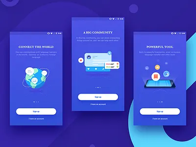 Sign up and guide page blue earth english guide illustrations log in phone sign up ui