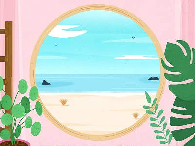 Vamos A La Playa grain green illustration landscape pink plant playa view