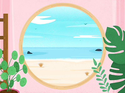 Vamos A La Playa grain green illustration landscape pink plant playa view