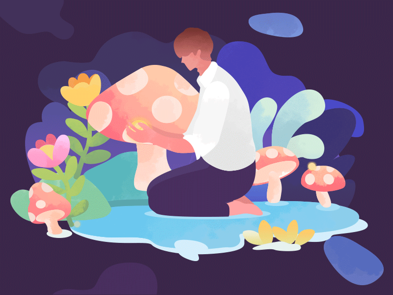 Midsummer Night's Dream II blue，firefly boy flat hot illustration lawn misery mushroom sad ui