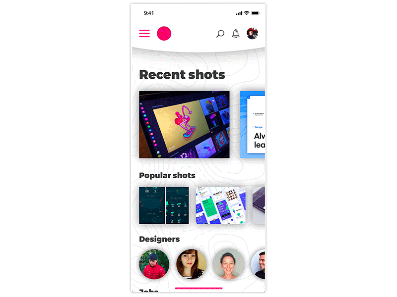 01 - Dribbble app redesign with Invision Studio app christophe dumas color design dribbble interaction invision studio mobile motion design prototype ui ux