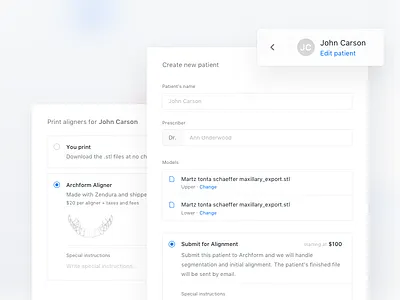 Create new patient + print card cards create header modal new pricing radio select upload user