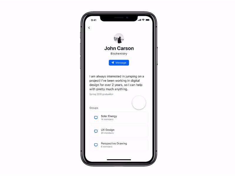 Preview + Join group cards chat header message mobile notification parallax preview profile scroll