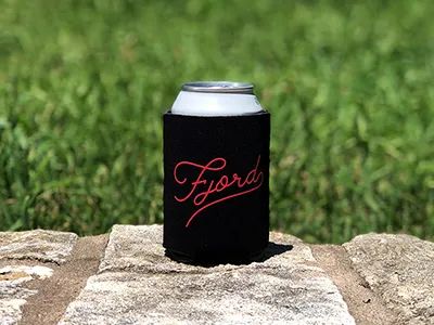 Fjord Koozie austin koozie screenprint script